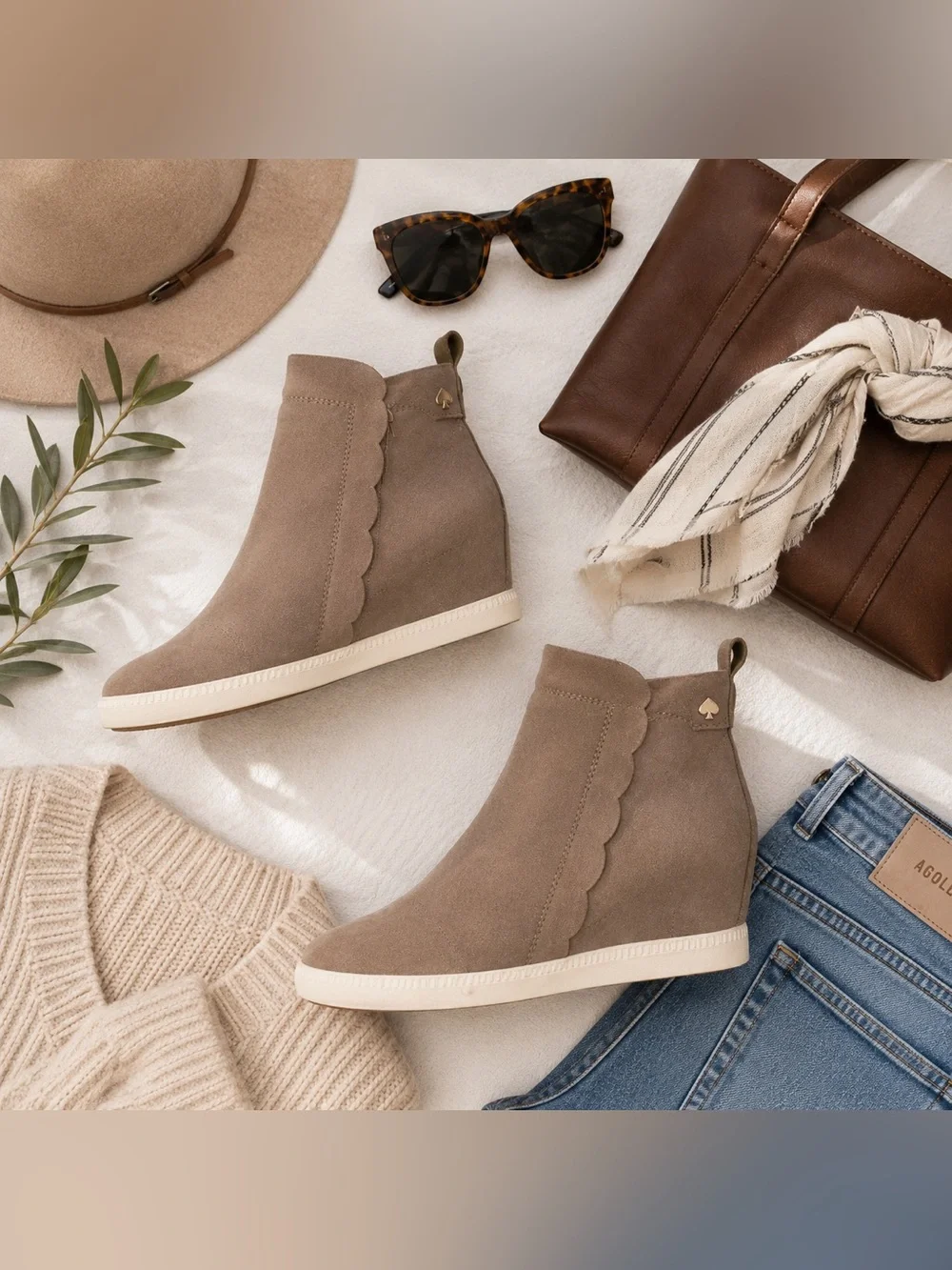 Kate Spade Wilkes Taupe Suede Wedge Sneaker Ankle Booties Size 7